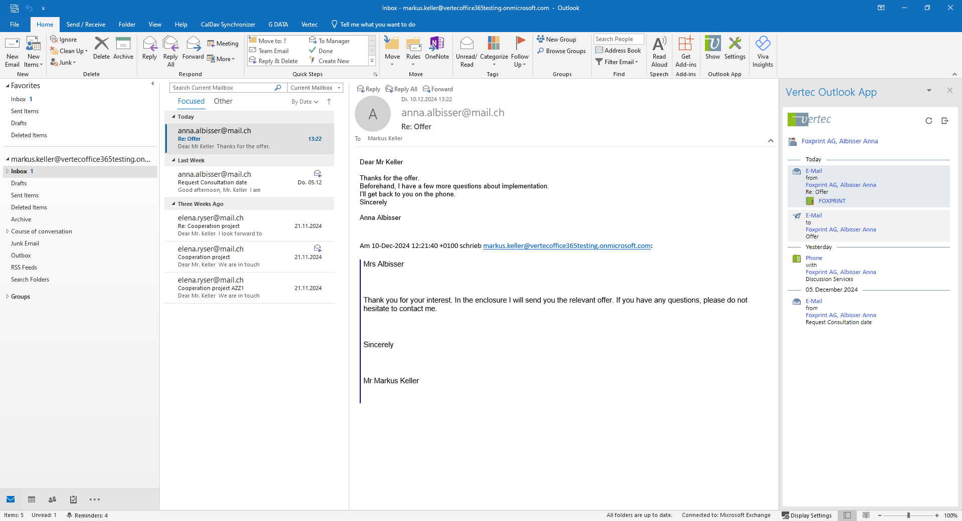 Vertec Outlook app shows Vertec data directly in Outlook
