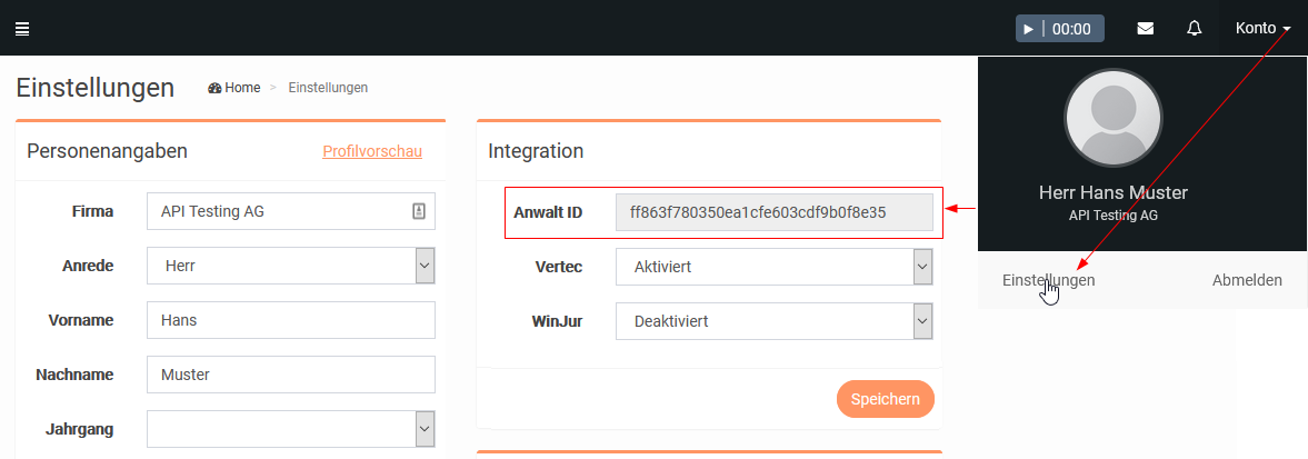 Eintragen der Anwalt ID in GetYourLawyer