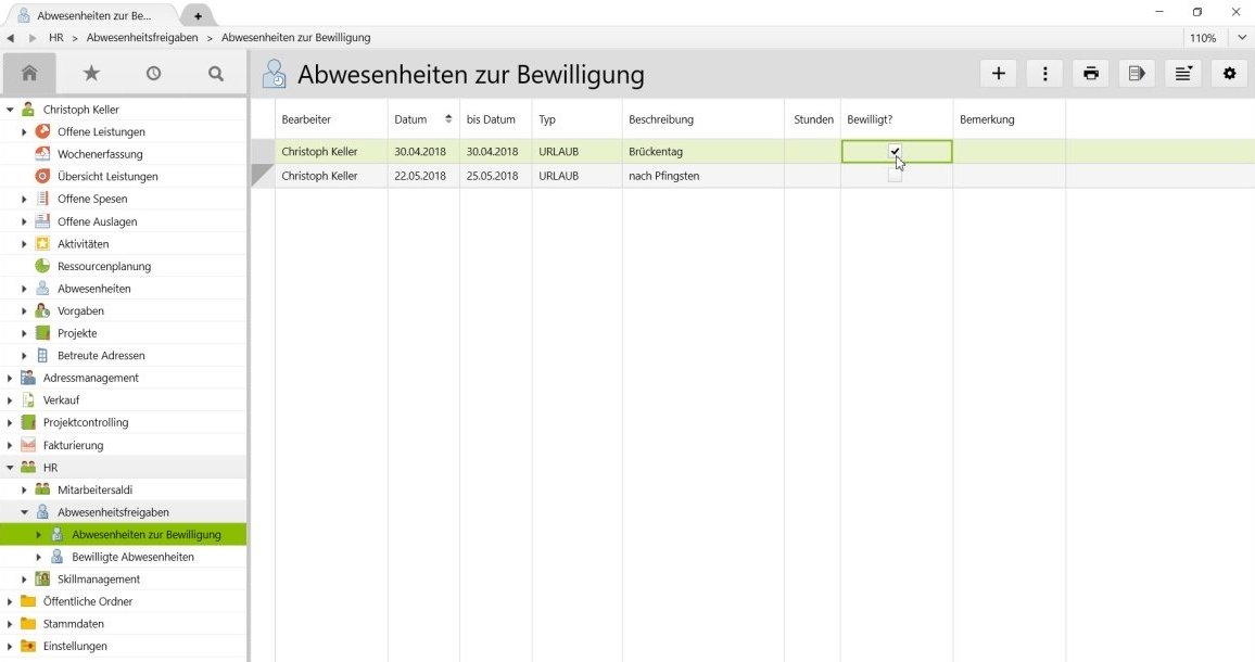 Abwesenheiten zur Bewilligung