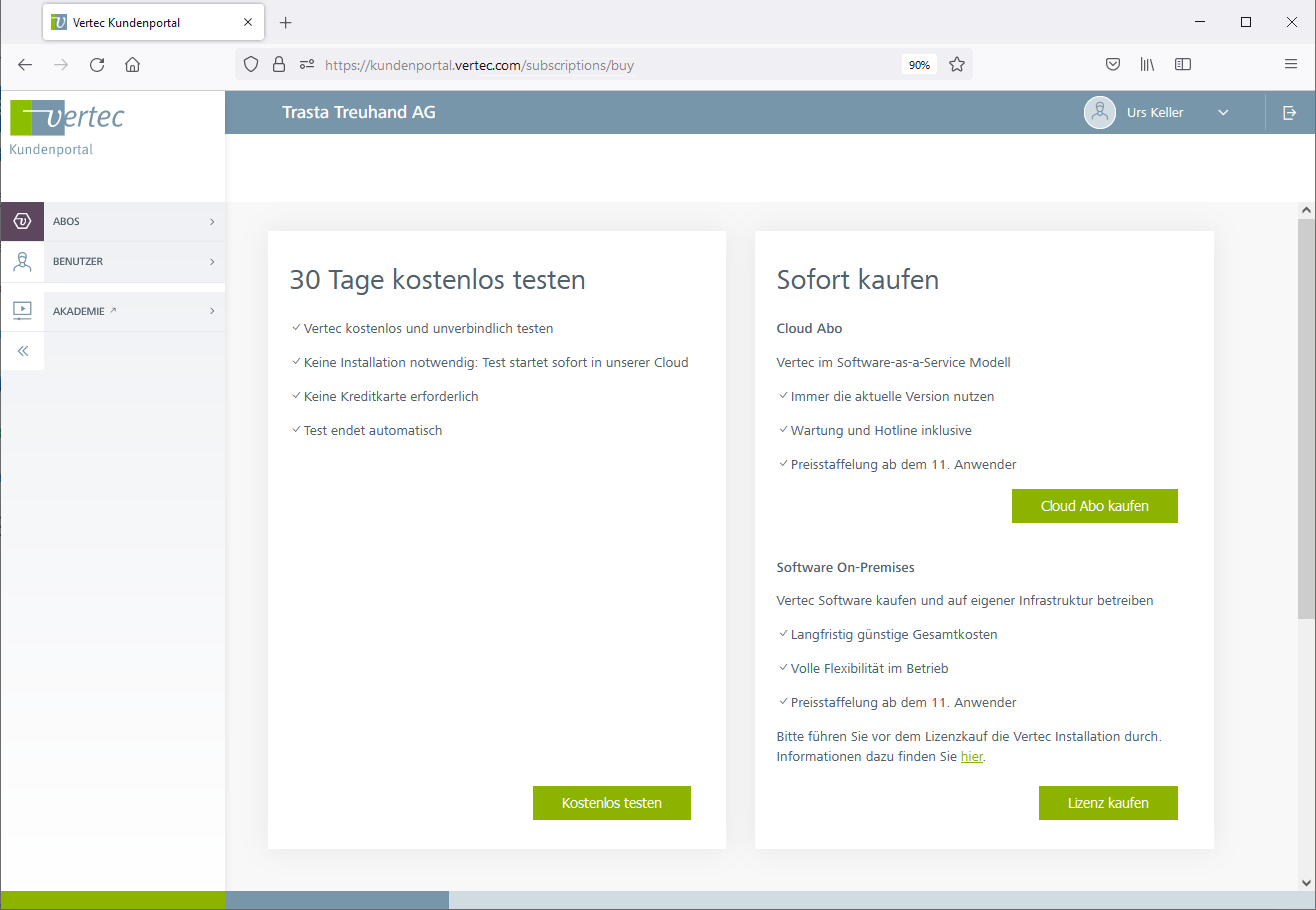 Auswahlmöglichkeiten auf der Startseite