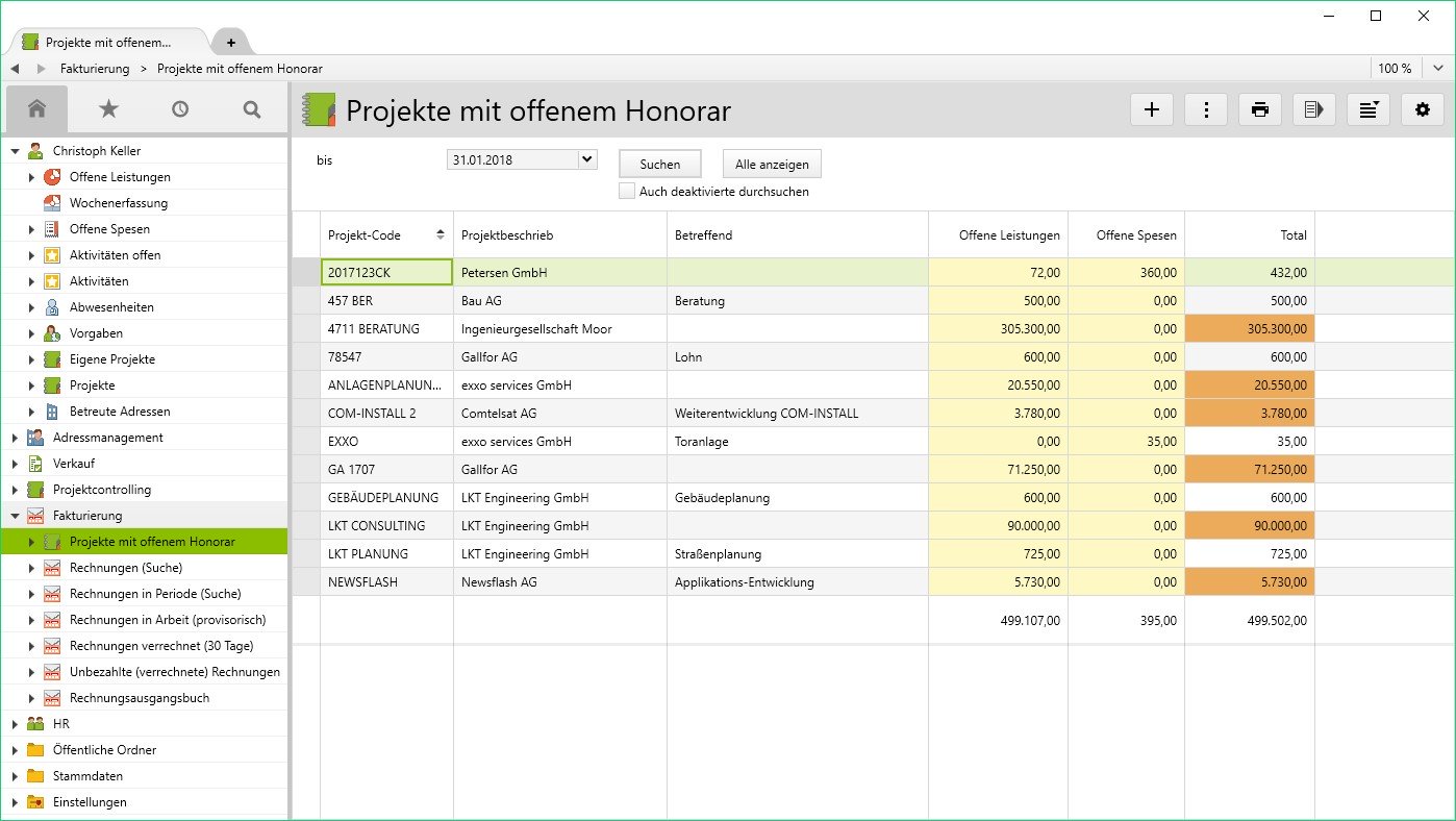Rechnungen in Vertec Projekte mit offenen Leistungen