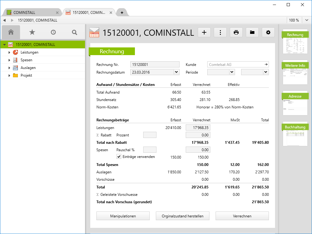 Rechnungsstellung in der CRM und ERP Software von Vertec