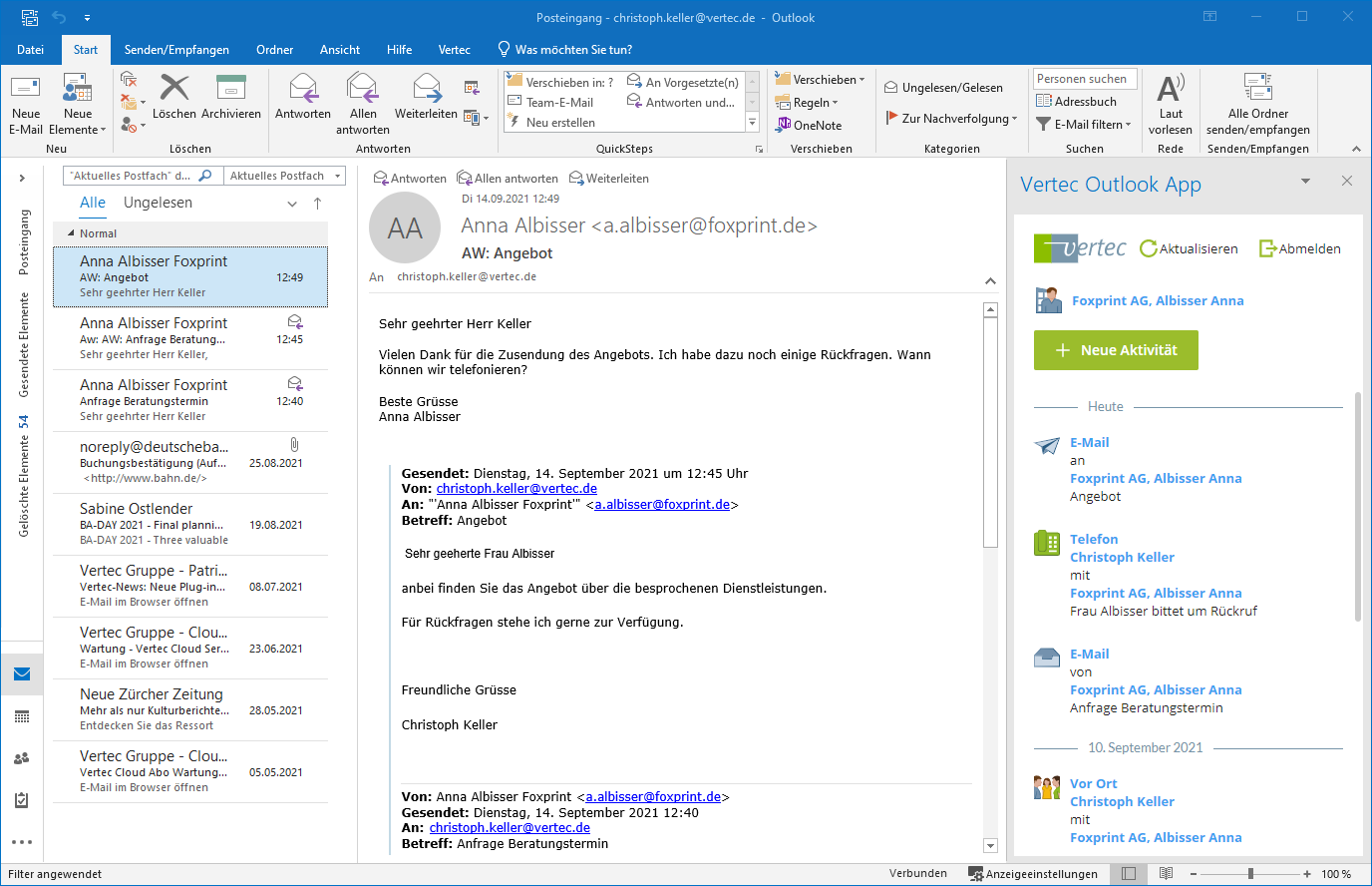 Aktivitätshistorie mit E-Mails und weiteren Aktivitäten mit dem jeweiligen Kontakt