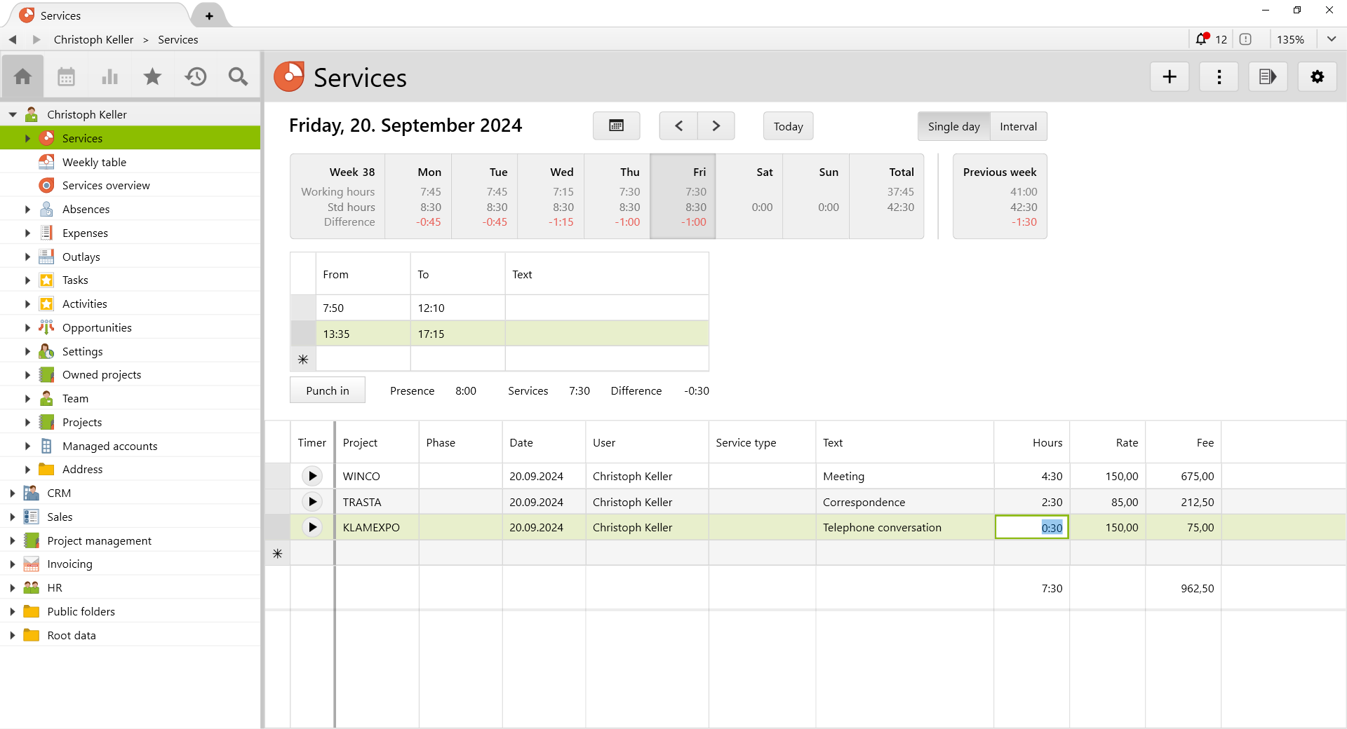 Intuitive service entry in Vertec