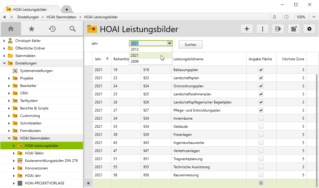 HOAI Leistungsbilder in Vertec