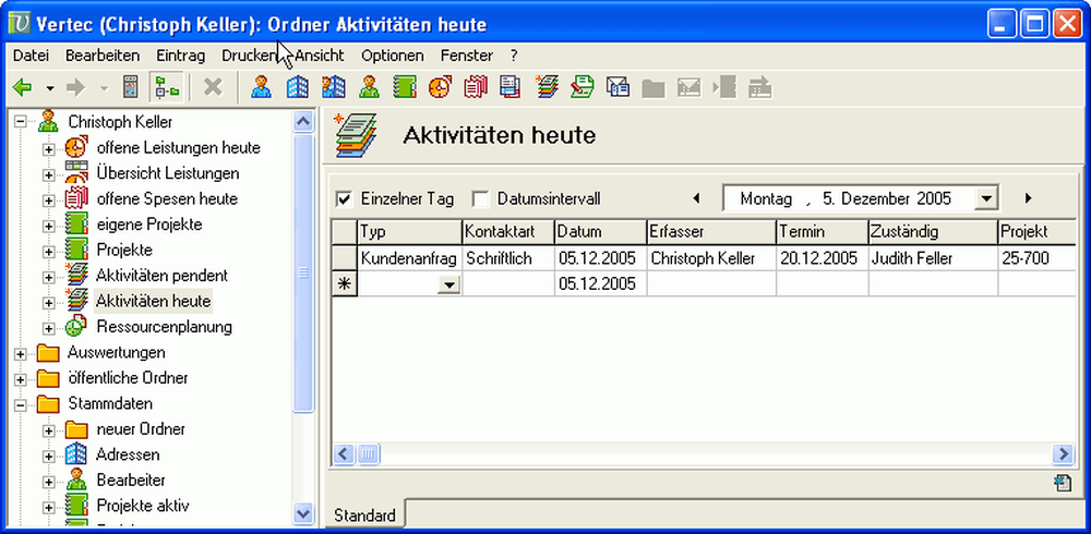 Leistungserfassung in der Benutzeroberfläche von Vertec 5.0