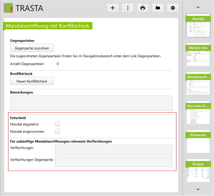 Mandatseröffnung mit Konfliktcheck