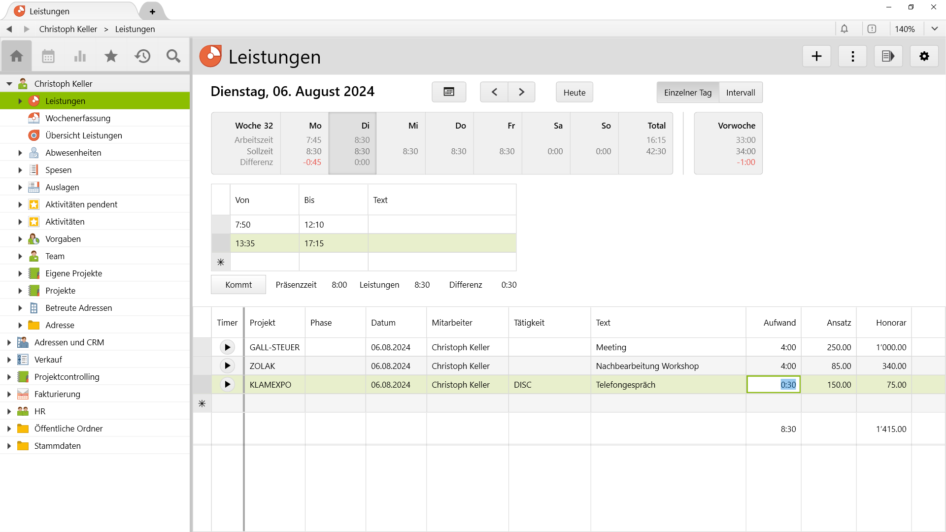 Leistungserfassung in der Tagesansicht von Vertec