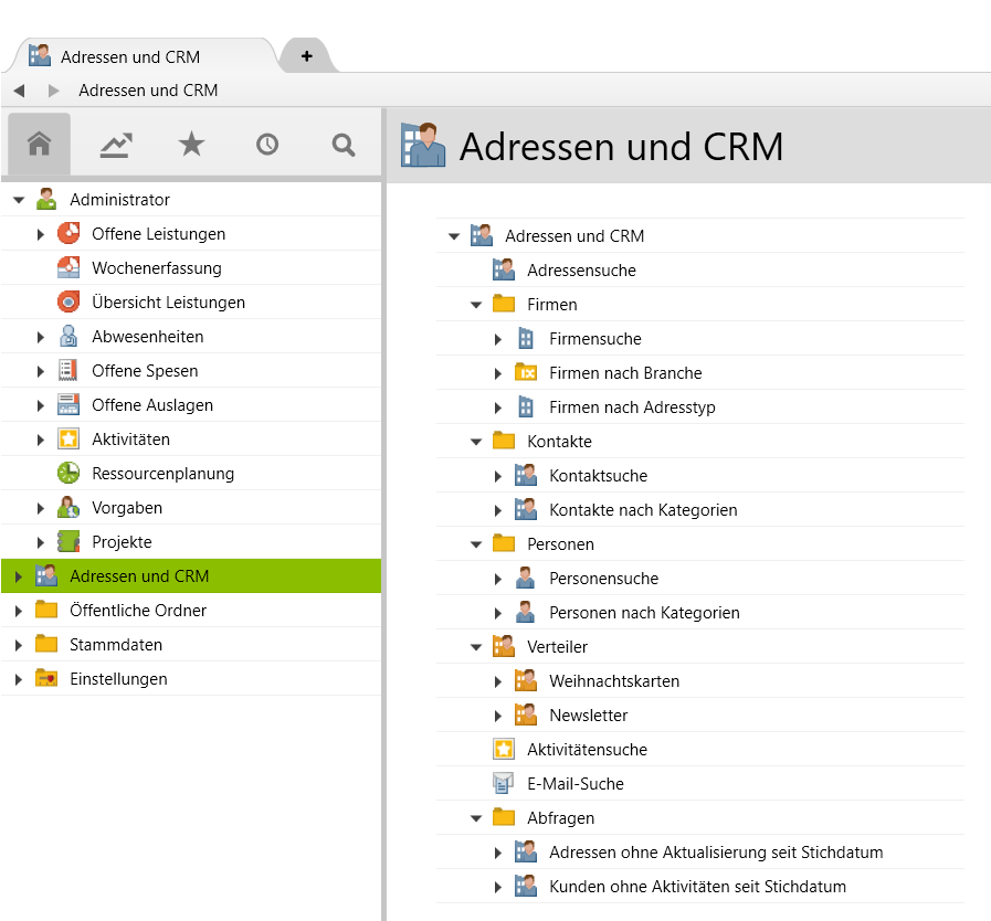 The root folder “addresses and crm” with subfolders