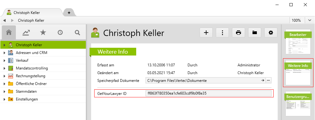 Das Hinterlegen der GetYourLawyer ID in Vertec