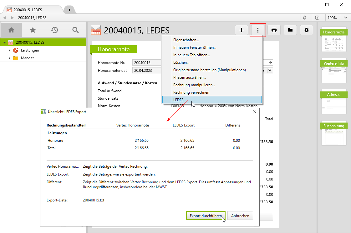 Perform the ledes export on a invoice