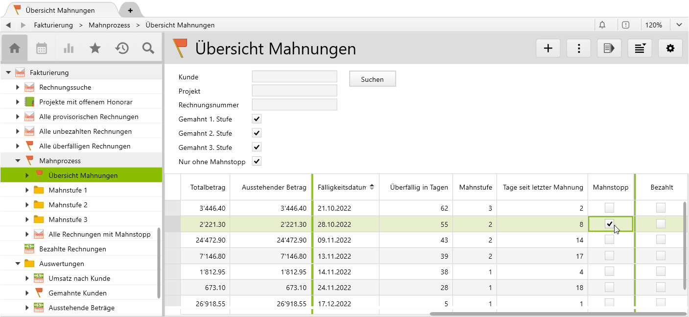 Overview of reminders with different dunninglevel