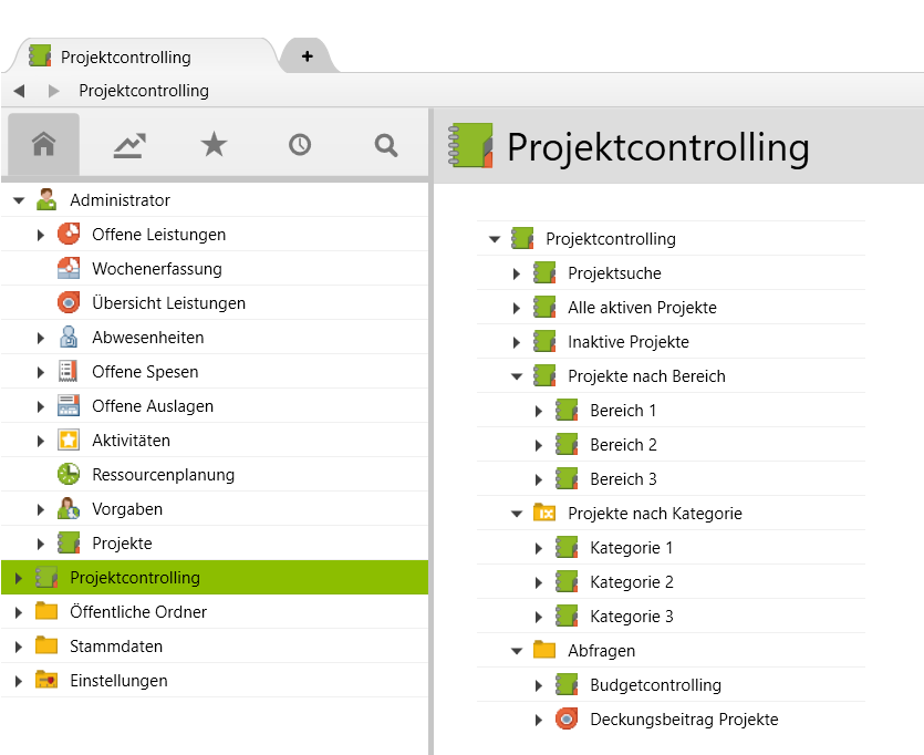 The root folder “project controlling” and its subfolders