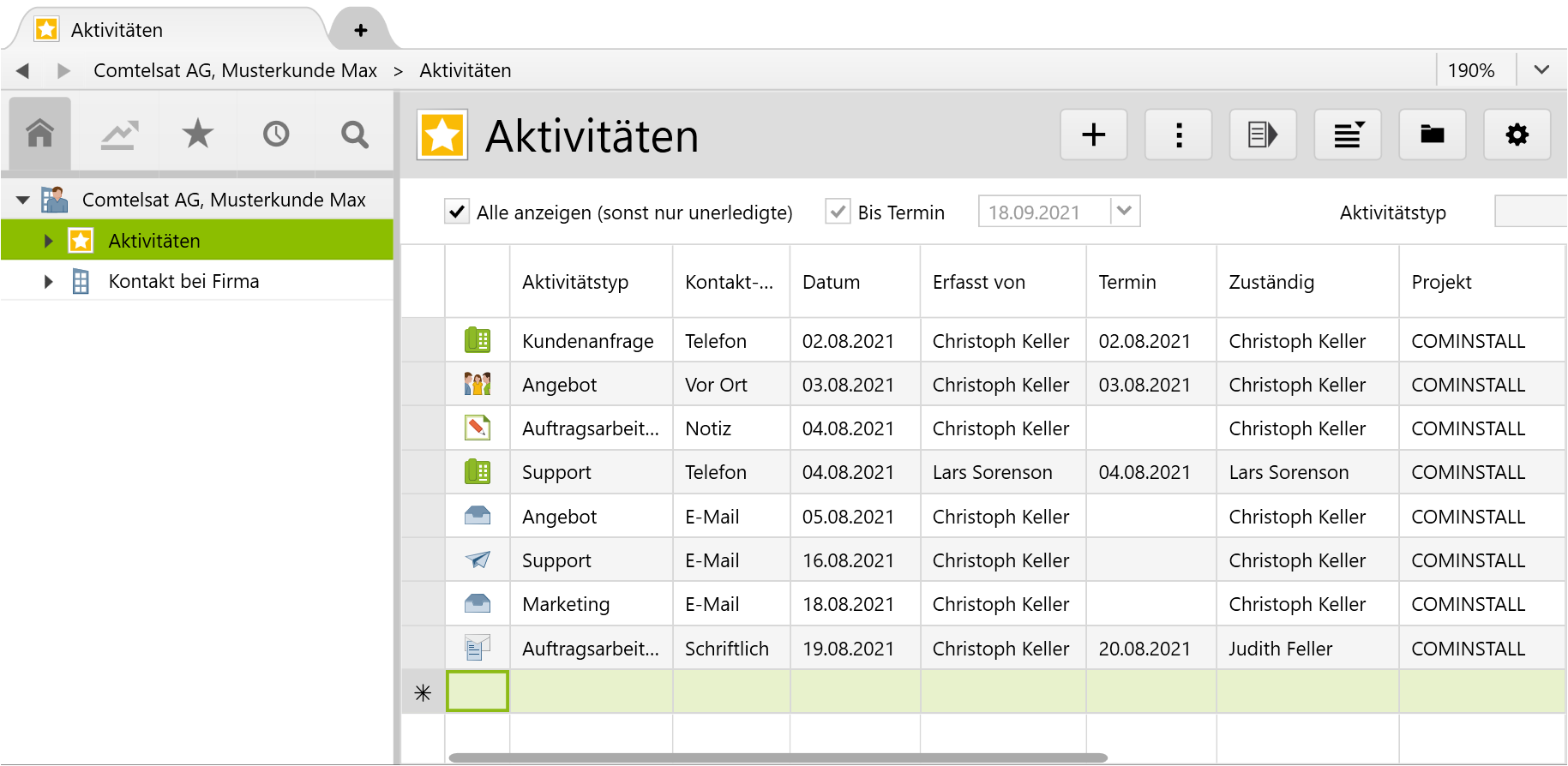 Die Aktivitätenliste im neuen Design