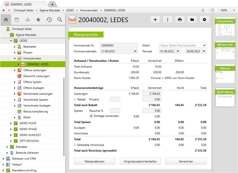 Viewing a fee invoice on the case “ledes”