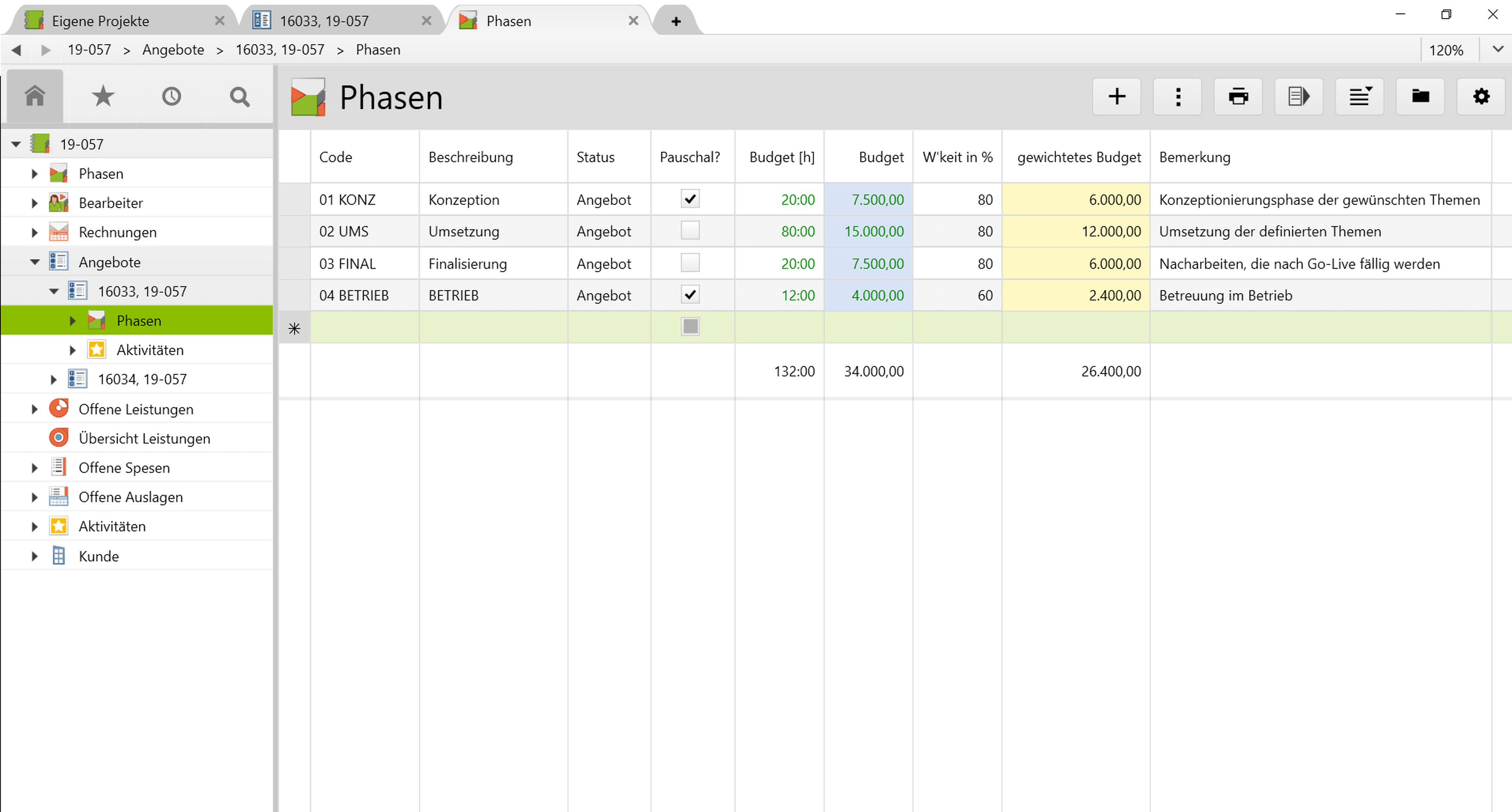 Ansicht einer Offerte mit unterschiedlichen Projektphasen.