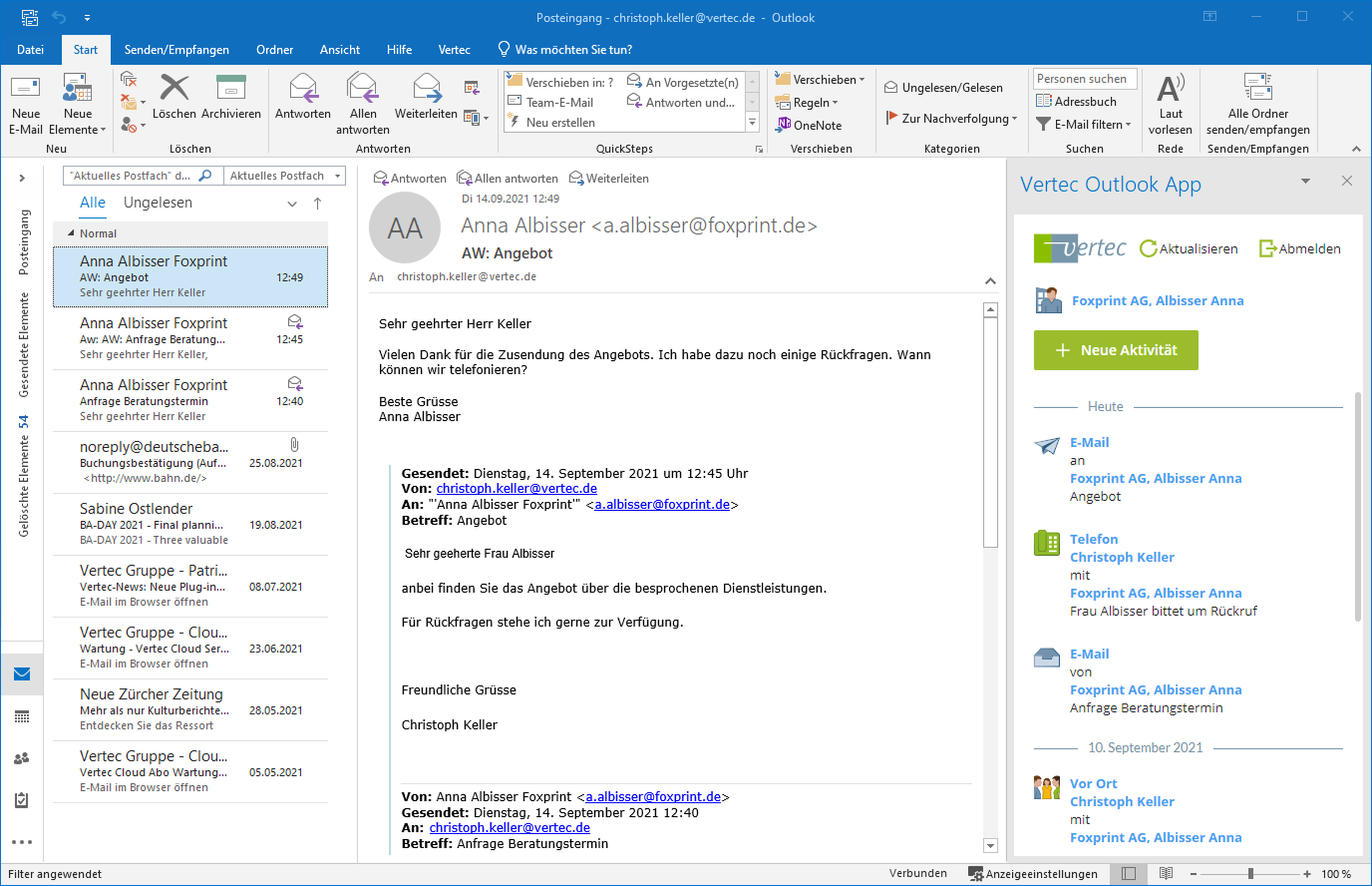 Aktivitätenhistorie (E-Mails, Telefonate, vor Ort Termine) zu Anna Albisser