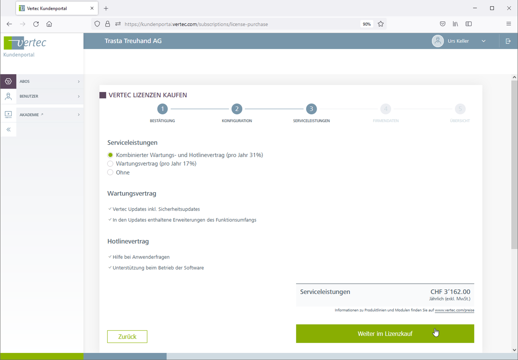 Auswahl der Service-Dienstleistungen im Bestellprozess