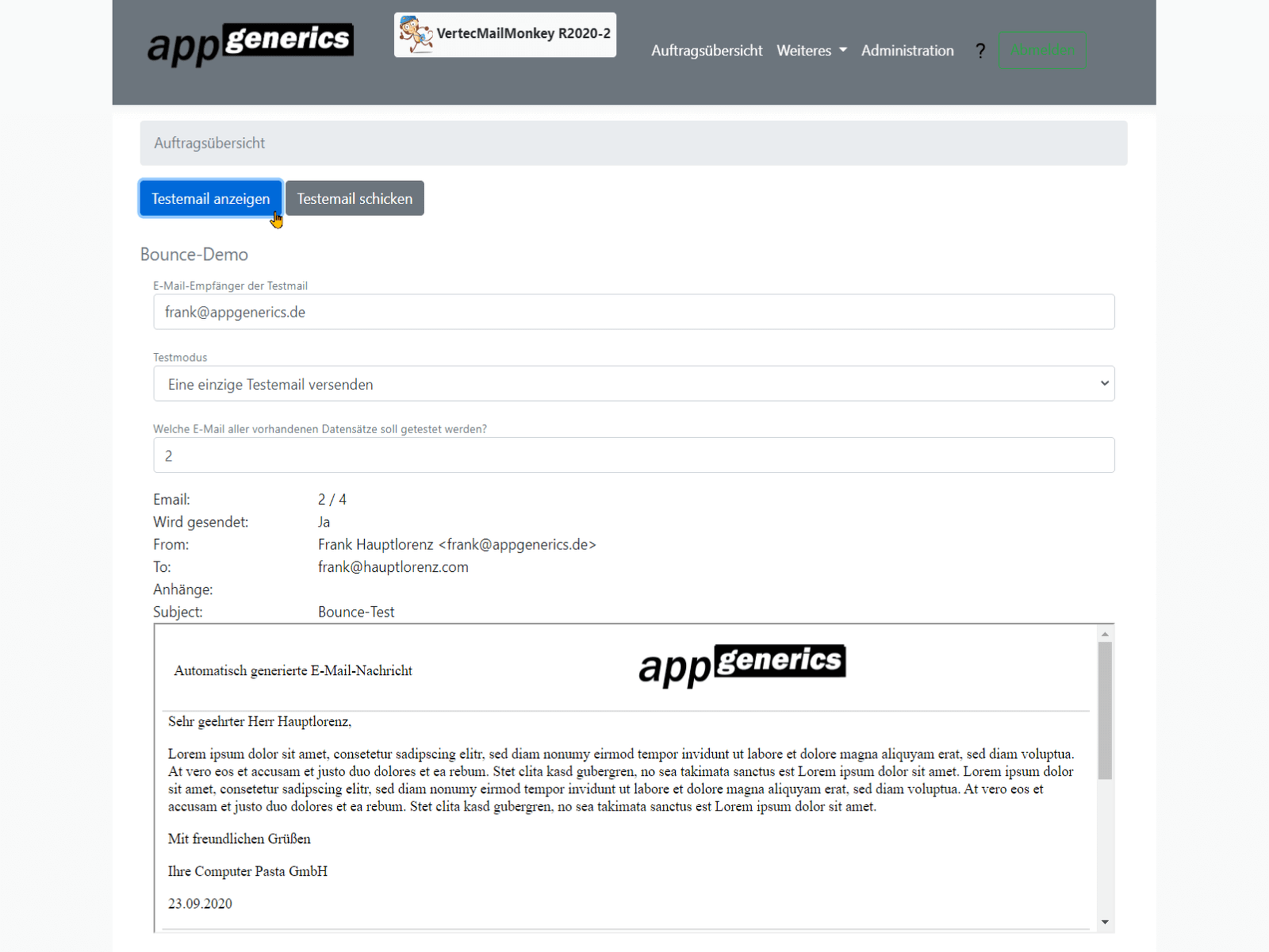 Auftragstest mit Live Vorschau im Vertec Mail Monkey.