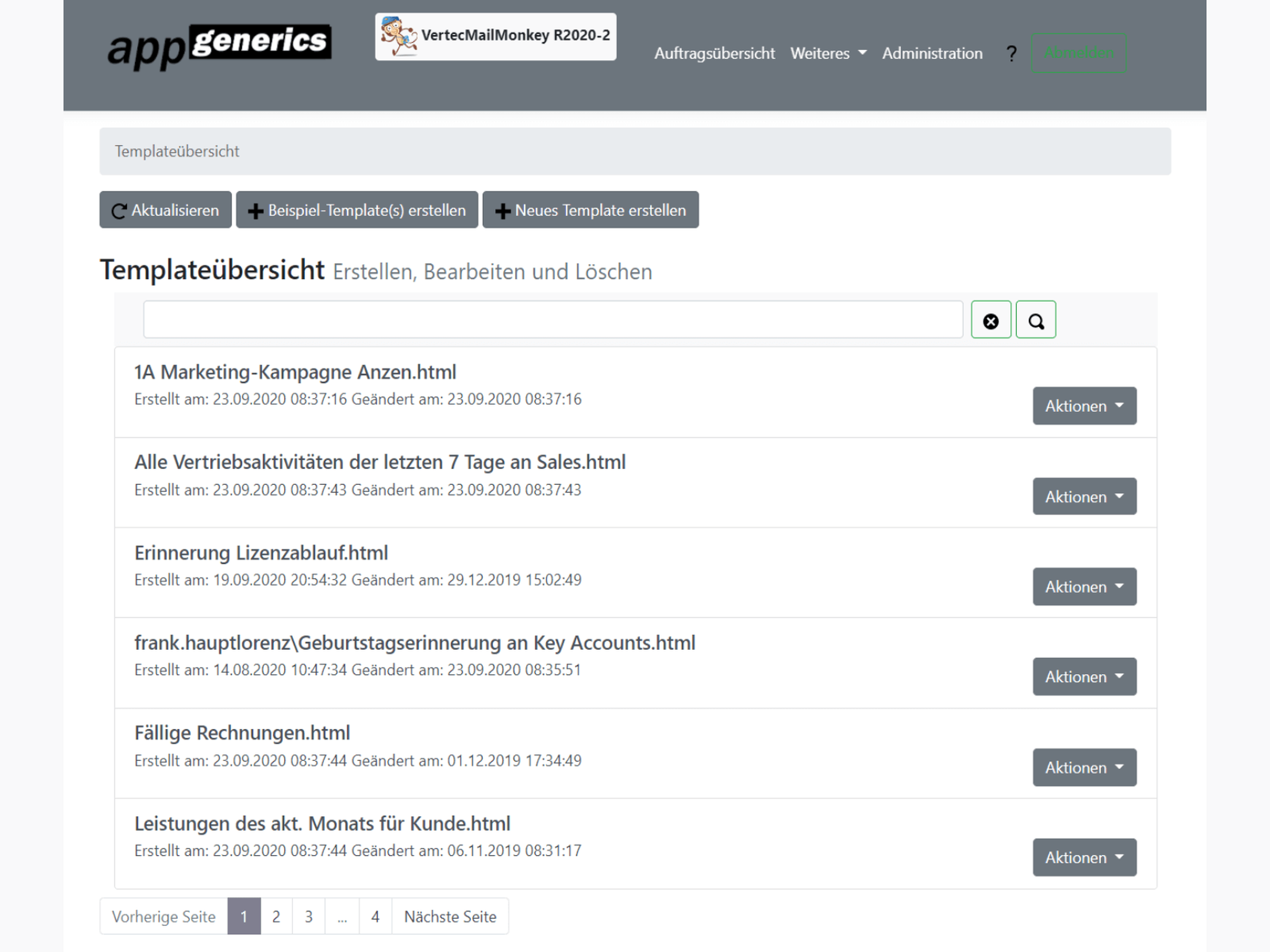 Übersicht aller Mail-Templates im Vertec Mail Monkey.