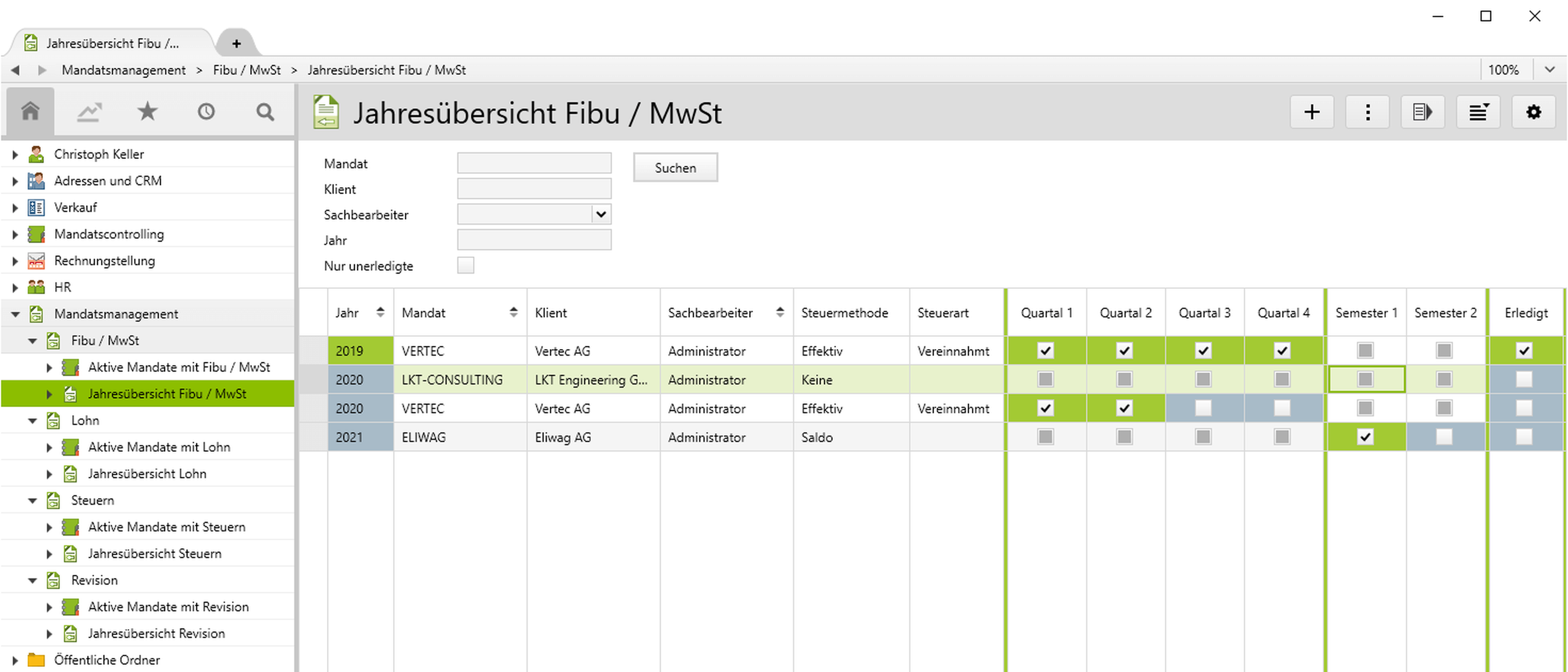 Jahresübersicht aller Mandate eines Dienstleistungsbereichs.