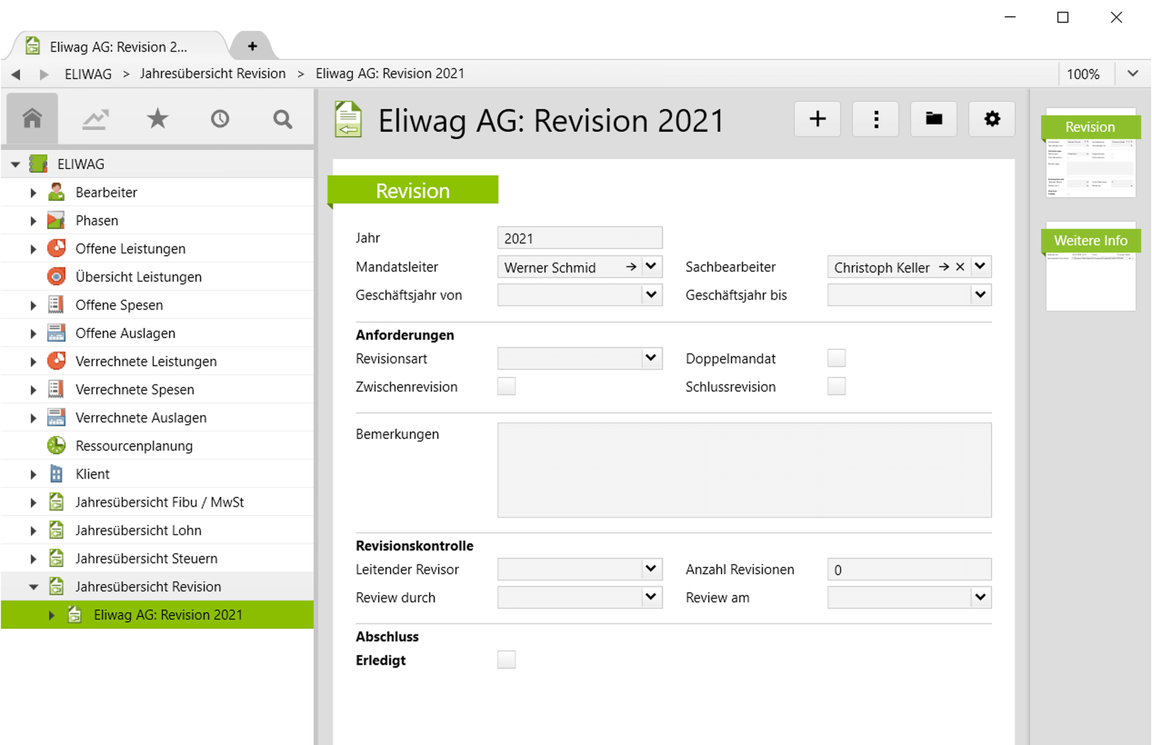 Dienstleistungsbereich Revision im Mandatsmanagement.