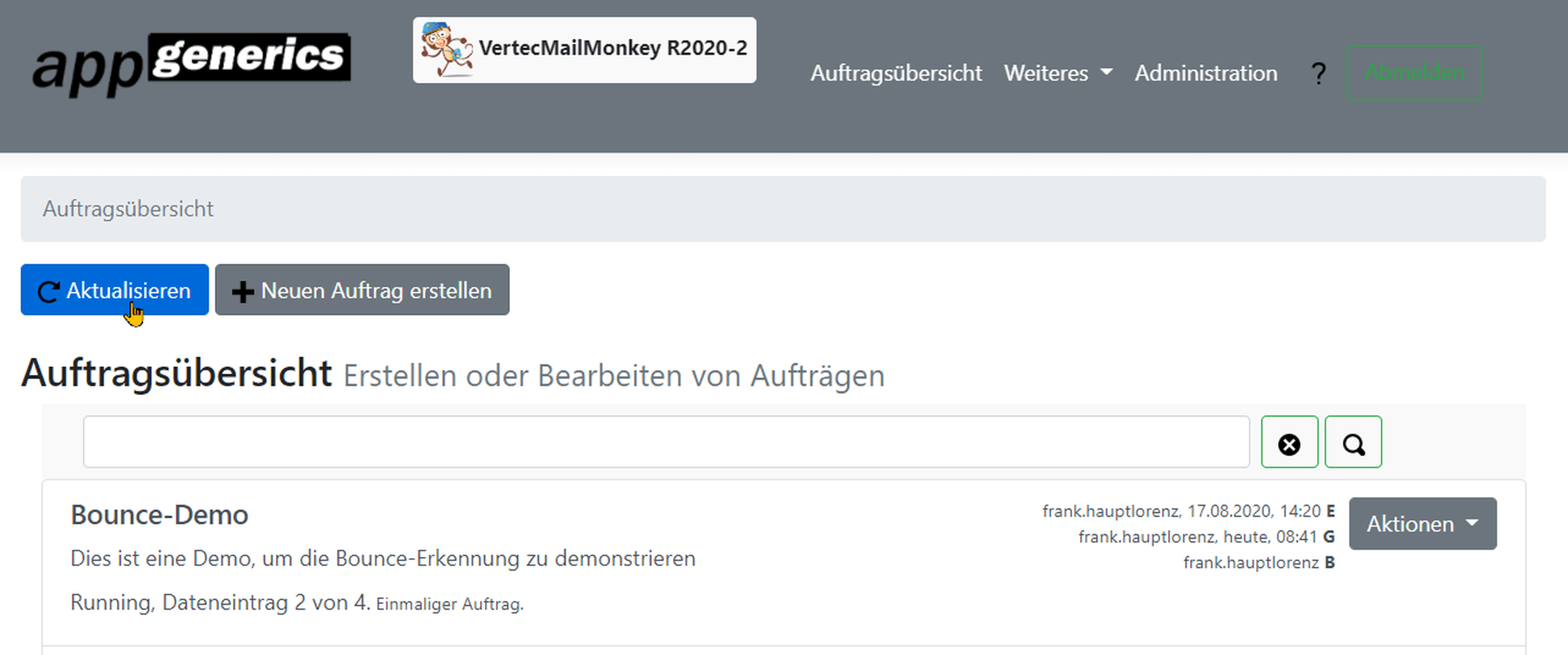 Ausführung eines Auftrags im Vertec Mail Monkey.