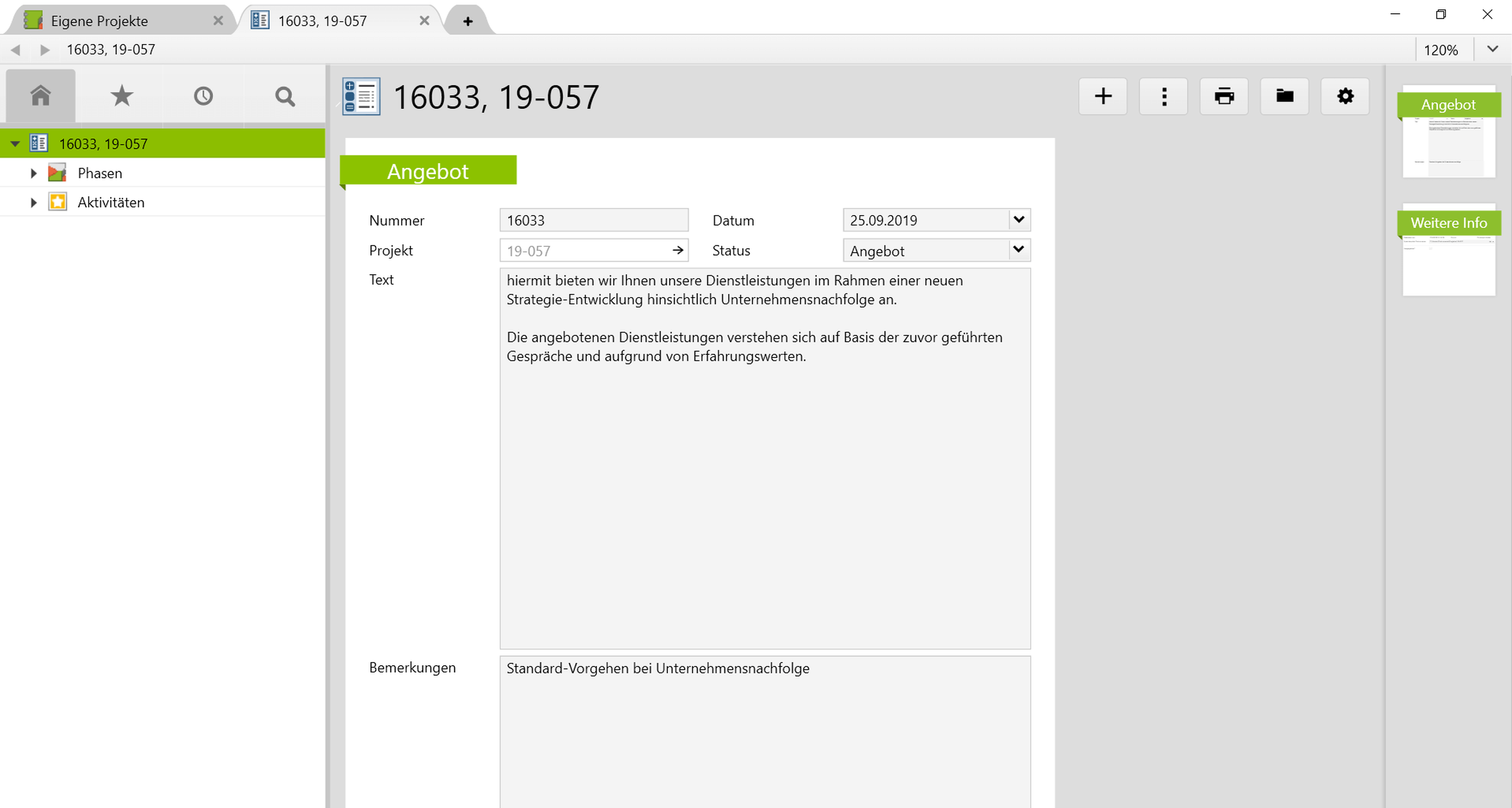 Ansicht einer Offerte mit Text in Vertec.