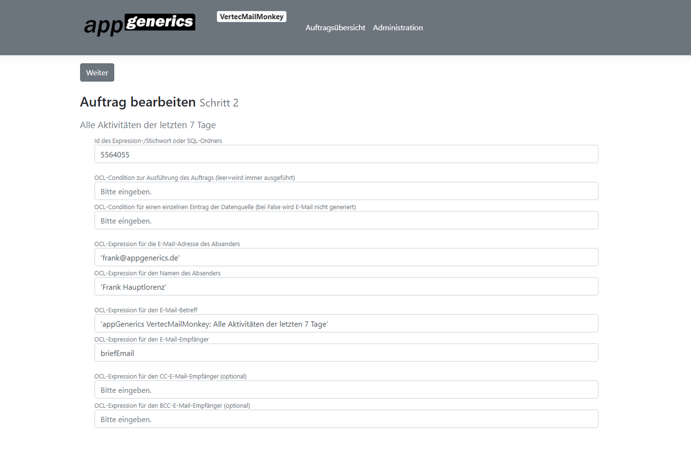 Bearbeitung eines Auftrags im Vertec Mail Monkey.