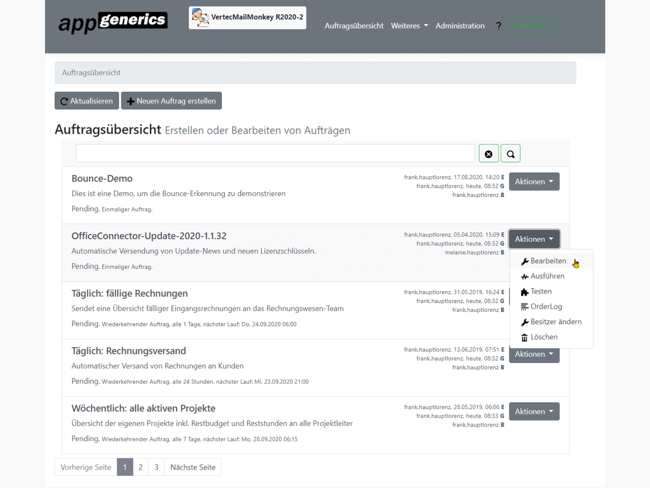 Übersicht aller Aufträge im Vertec Mail Monkey.