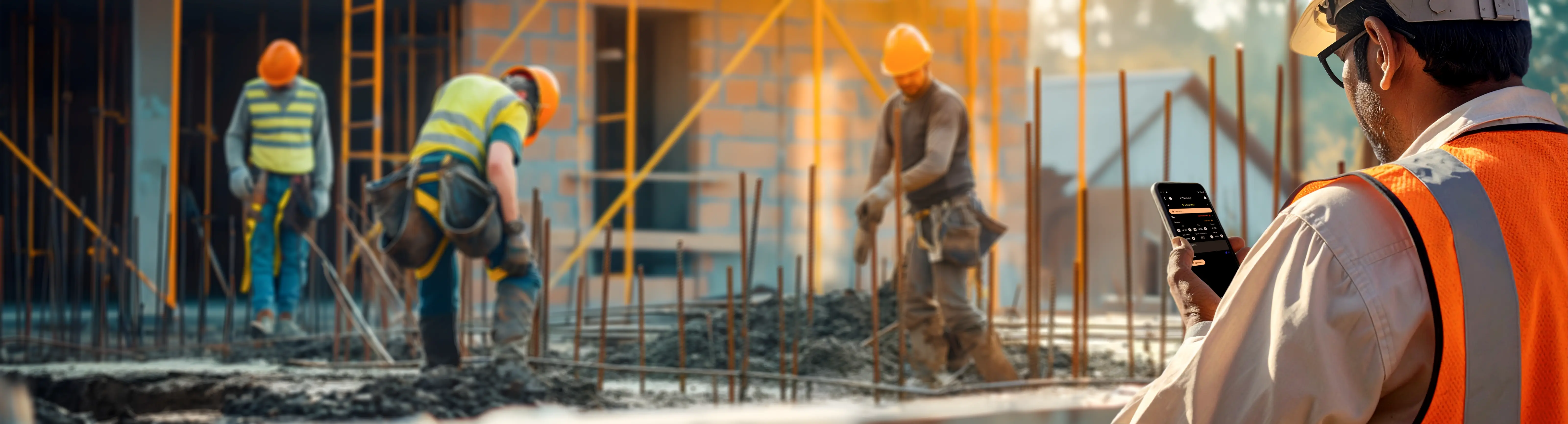 Bauarbeiter mit Vanillaplan auf Mobiltelefon