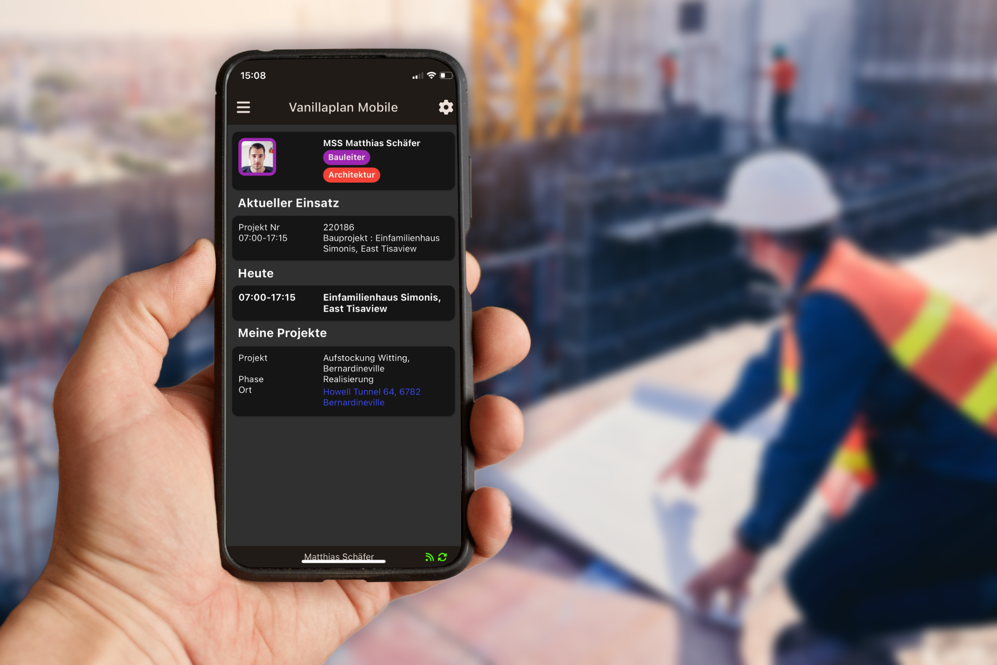 Mitarbeiter auf der Baustelle nutzen die Vanillaplan Mobile App zur digitalen Kommunikation und Einsatzplanung per Smartphone